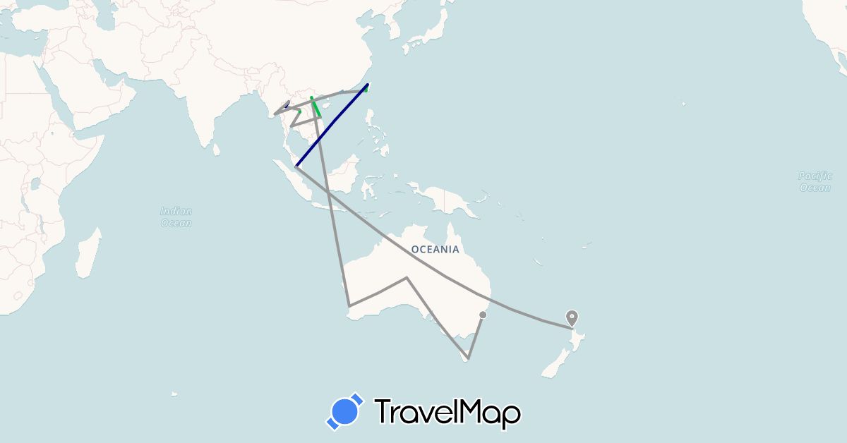 TravelMap itinerary: driving, bus, plane, hiking, boat in Australia, China, Hong Kong, Laos, Myanmar (Burma), Macau, Malaysia, New Zealand, Thailand, Taiwan, Vietnam (Asia, Oceania)