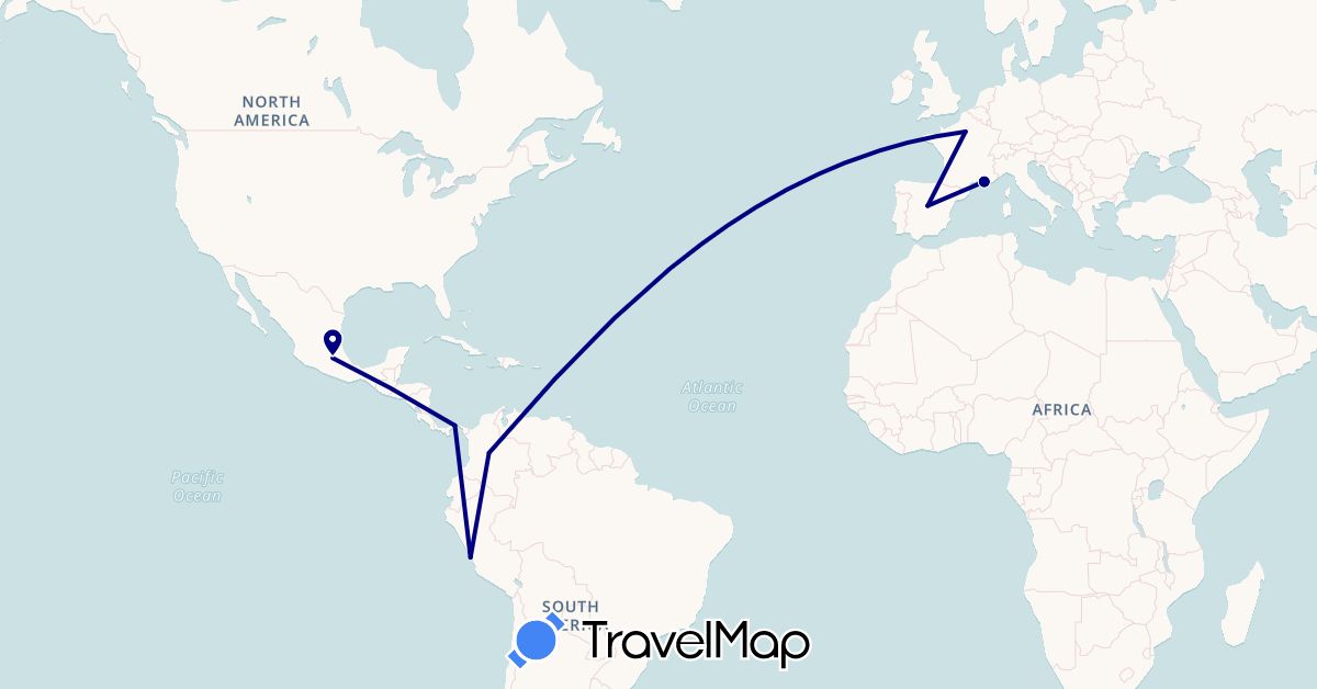 TravelMap itinerary: driving in Colombia, Spain, France, Mexico, Panama, Peru (Europe, North America, South America)